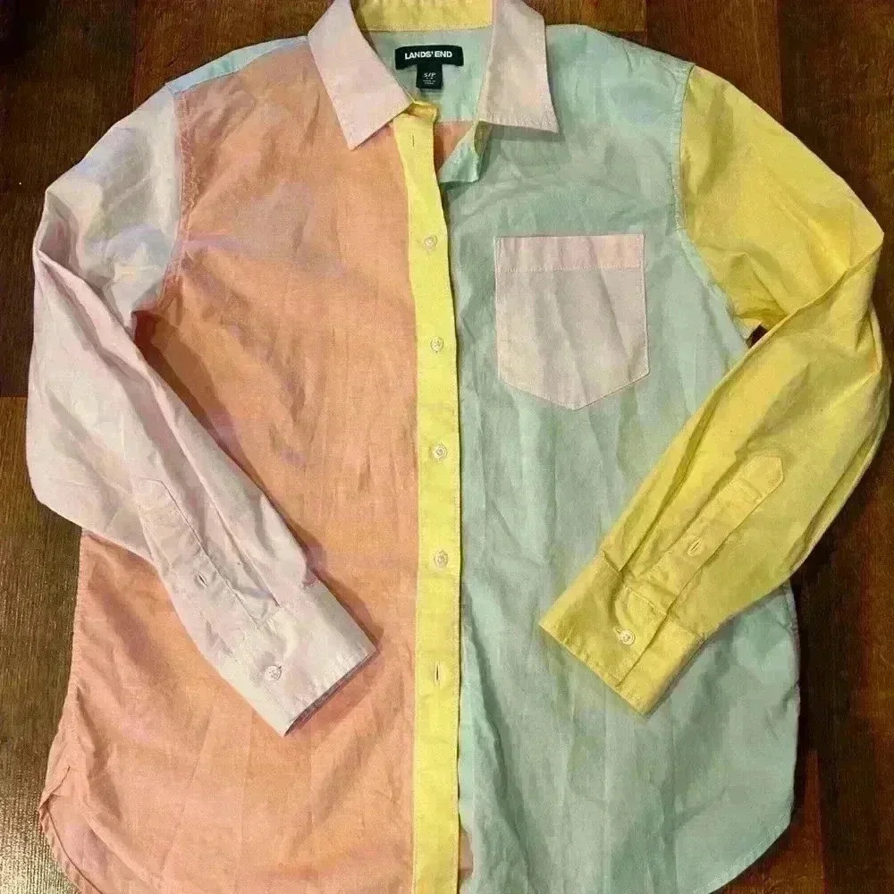 Lands' End Pastel Colorblock Button-Down Shirt (Pink, Peach, Yellow, Mint)